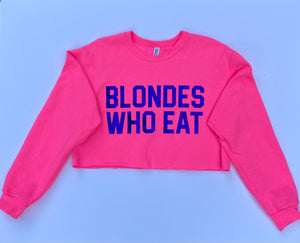 NEON PINK W/ HOLOGRAPHIC BLUE LOGO CROP of ATHLETIC // UNISEX ADULT CREWNECK
