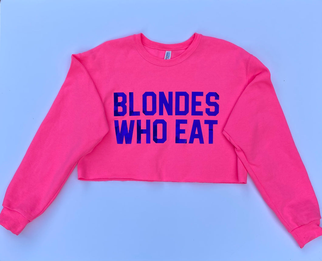 NEON PINK W/ HOLOGRAPHIC BLUE LOGO CROP of ATHLETIC // UNISEX ADULT CREWNECK