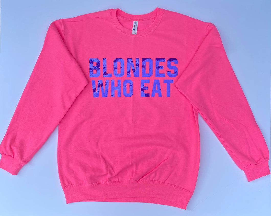 NEON PINK W/ HOLOGRAPHIC BLUE LOGO of ATHLETIC // UNISEX ADULT CREWNECK