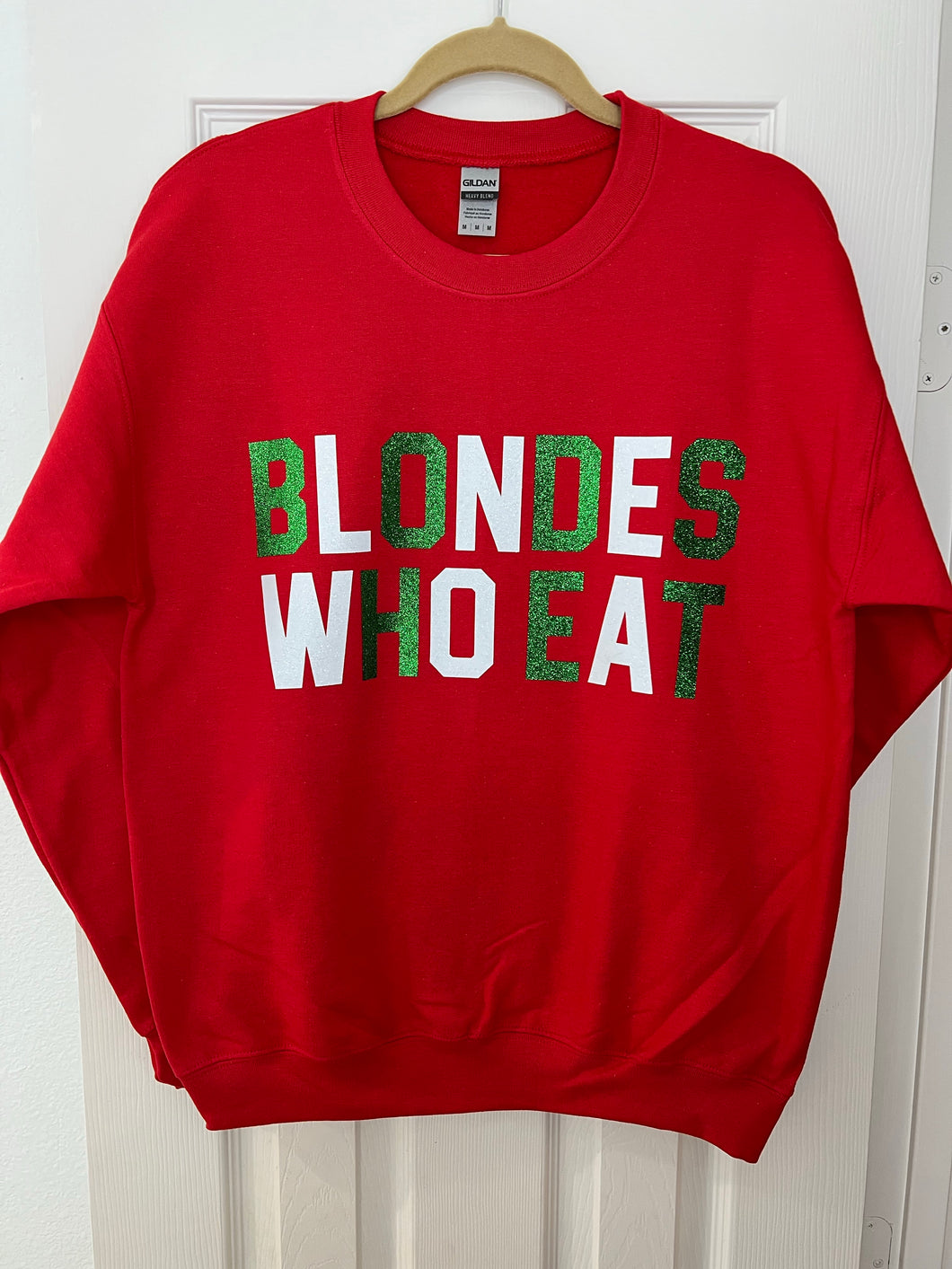 BLONDES WHO EAT RED W/ SPARKLE FONT of ATHLETIC // UNISEX ADULT CREWNECK
