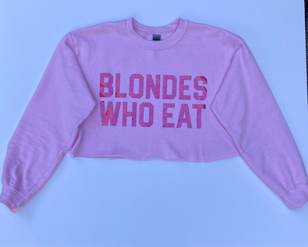 LIGHT PINK W/ HOLOGRAPHIC PINK LOGO CROP of ATHLETIC // UNISEX ADULT CREWNECK